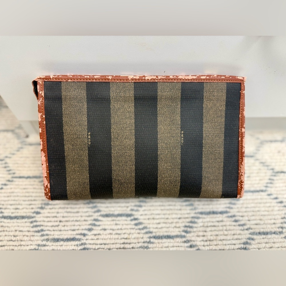 FENDI Vintage Classic Brown Canvas Leather Pequin Striped Logo Clutch Pouch - Picture 4 of 16
